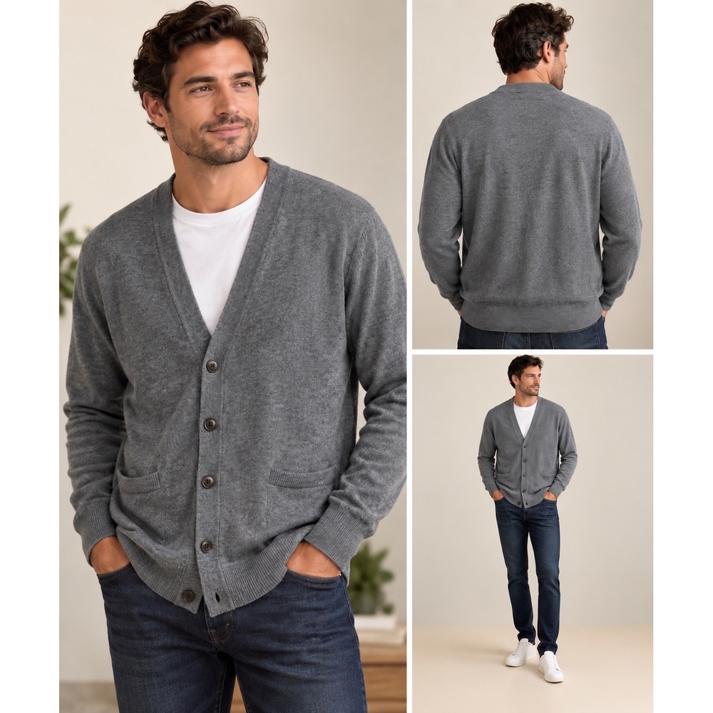 Kallspin Men's L Tall Cashmere Wool Blend Cardigan Gray Grandpa Sweater Preppy